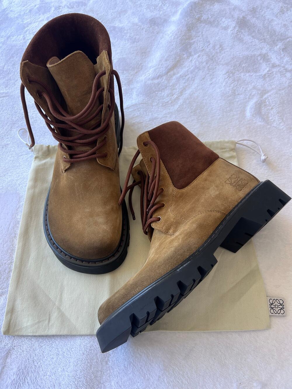 Loewe Sierra Combat Boots Tobacco Brown Suede Lug Sole Men’s Luxury EU 44